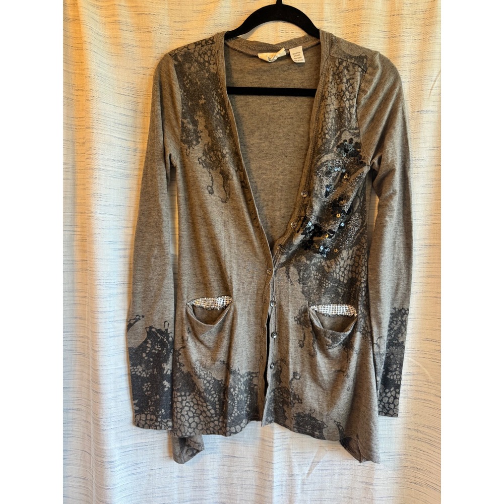 Miss Me Gray Sequin Lace Print Cotton Wool Blend Button Front Cardigan Small